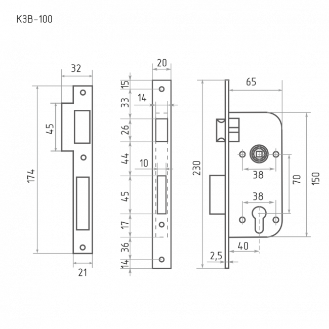 Корпус замка врезного NORA-M КЗВ-100 (старая бронза)