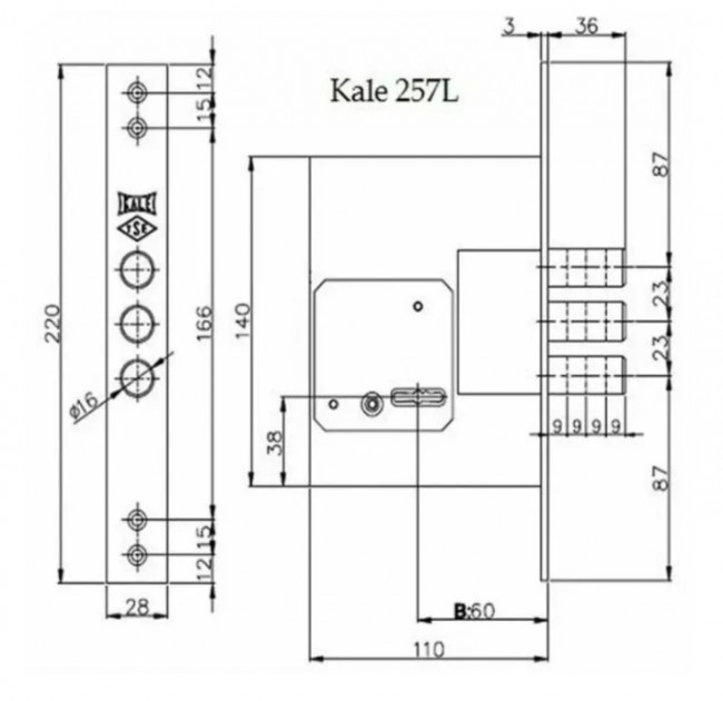Замок врезной сувальдный KALE KILIT 257L-BS60-CP-4KEY-PB