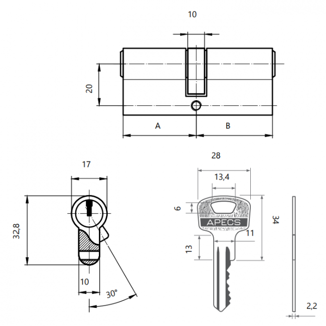 Цилиндровый механизм Apecs SC-110-NI (SC-110-Z-NI) Цилиндровый механизм Apecs SC-110-NI (SC-110-Z-NI)