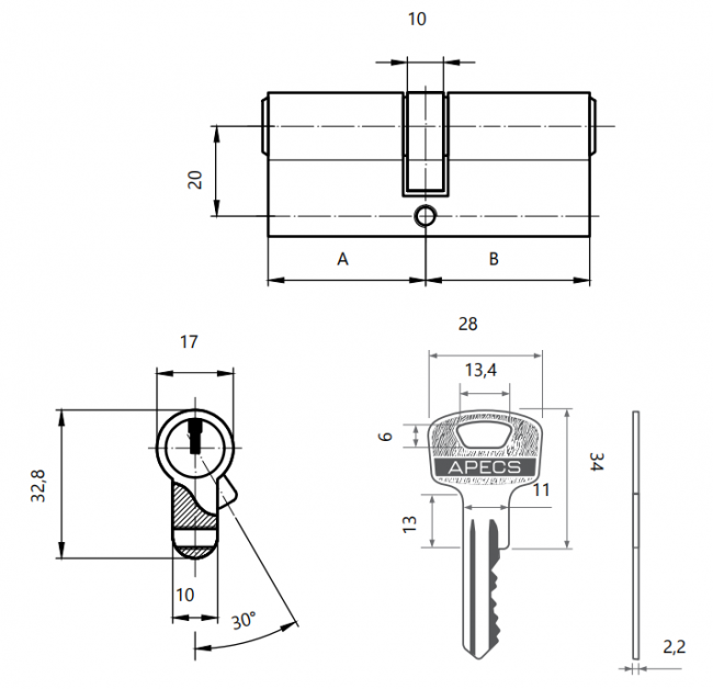 Цилиндровый механизм Apecs SC-60-AB (SC-60-Z-AB)